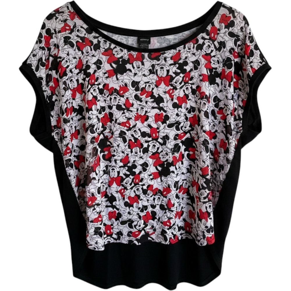 Disney Minnie Mouse Print Top Small Red Black Bow Graphic Dolman Sleeve Cute Tee